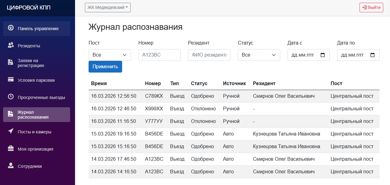 Журнал распознавания и событий доступа во двор